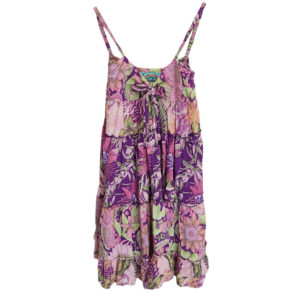 Rainbow Jo Dress Girl's SIze L Tiered Floral Tropical Palm Leaf Strappy Purple